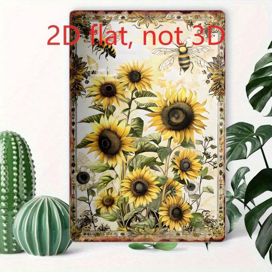 Vintage Sunflower & Bees Printed 2D Flat Aluminum Tin Painting, 20cm*30cm Retro Decorative Wall Art Sign For Home Decoration - 447 - 查看 1