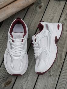 American Retro Contrast Color Running Shoes, Mesh Breathable, Thick Bottom Cushioning, Campus, Street, Daily Wear Template, Running Shoes To Grasp The Relaxation Feeling, 5cm High Casual Shoes - 品質升級紅 - 查看 4