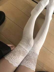 1 Pair White Knee-High Lace Socks, Women's Thigh-High Leg Warmers, Y2K Style, Suitable For Spring, Autumn & Winter - trắng - Xem 1