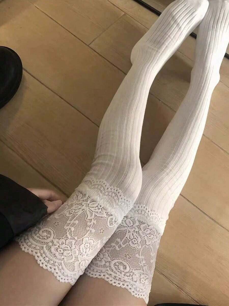 1 Pair White Knee-High Lace Socks, Women's Thigh-High Leg Warmers, Y2K Style, Suitable For Spring, Autumn & Winter - trắng - Xem 1