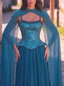 Faeriesty Bộ váy dạ hội 2 mảnh thanh lịch bằng chiffon đính ngọc trai dành cho nữ: Áo choàng tua rua kiểu cape và váy chữ A hai dây. - Màu xanh ngọc - Xem 4