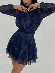 Vestido de manga larga ajustado con silueta de paraguas para mujer, nuevo para otoño/invierno, para uso casual/citas/salidas/maestras, vestido romántico con estampado de teñido anudado en púrpura y cuello alto con lazo en la cintura - Azul marino - Ver 12