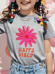 Adorable camiseta de niña con estampado de flores y vibras alegres, de manga corta y cuello redondo, perfecta para el uso casual de verano, suave y cómoda - Ceniza - Ver 2