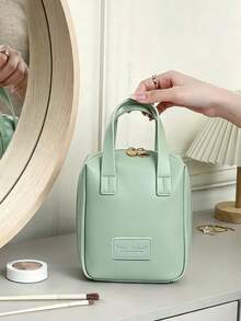 Bolsa de cosméticos de cuero PU impermeable, organizador de maquillaje de gran capacidad para viajes para mujeres - Verde - Ver 3