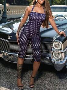 Women's Sleeveless Camisole Style Polka Dot Knit Sleeveless Romper Summer - Purple - View 9