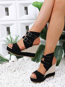 2026 Women's Summer Thick Sole Wedge High Heel Open Toe Sandals, Black Double Buckle Ankle Boots Style Hollow Peep Toe Platform Casual Sandals, Fashion Versatile Daily Wear Women Shoes - Black - View 5