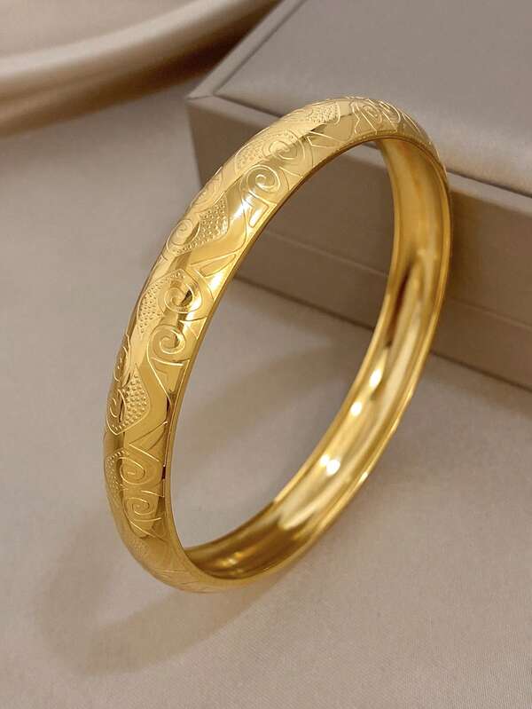 1pc 18K Gold Plated Textured Stainless Steel Wide Bangle Bracelet, Suitable For Music Festivals, Parties, Mother's Day, Valentine's Day, Christmas Gifts