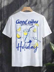 Solantero Men's Short Sleeve T-Shirt With Casual Holiday Style! Cool Lemon Print + Relaxed Slogan, Refreshing Blue And White Color Scheme - 彩色 - 查看 3
