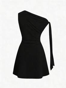 Vestido minimalista para mujer con estampado floral de tinta, hombro asimétrico con lazo, cintura ajustada - Negro - Ver 2