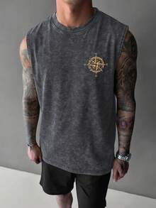 Men's Fashionable Versatile Eagle Compass & Snowflake Print Sleeveless Vest, Summer - Dark Grey - View 2