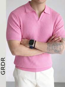 Men's Solid Color Casual Versatile Commute Knit Short Sleeve Top - Pink - View 2