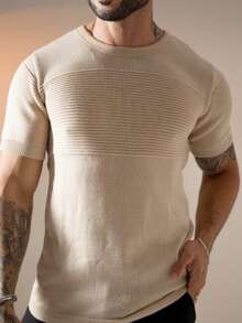 TRICOT DE LUXO Men's Lightweight, Plain, Cool, Basic Crew Neck Knit T-Shirt, High Quality, Premium Quality, For Spring, Summer, And Autumn. - Beige - View 3