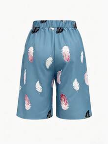 Women's Summer Floral Print Drawstring Waist Midi/Shorts Vacation - Dusty Blue - View 2