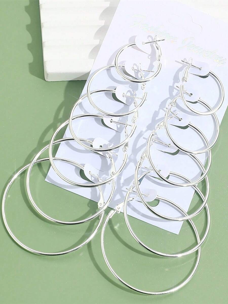 Set de 12 pendientes de aro, de acero inoxidable, en tamaños variados, con diseño exagerado de círculo y forma de C, en tonos dorado y plateado, un set de joyas clásicas para regalo, uso diario unisex - Dorado - Ver 1