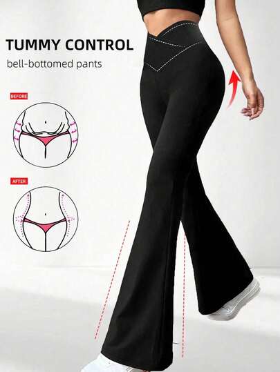 Quần ống loe cạp chéo dành cho nữ, quần legging co giãn cao, quần ống rộng thoải mái tập yoga, quần thể thao thường ngày.