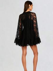 Women Lace Cape Dresses Loose See Through Crew Neck Mini Ruffled Dress For Party Club - Black - View 5