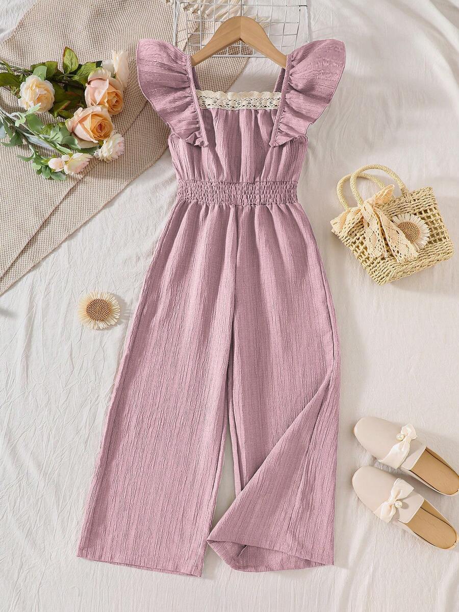 Mono informal con parches de encaje y volantes para niñas preadolescentes, primavera/verano - Rosa - Ver 1