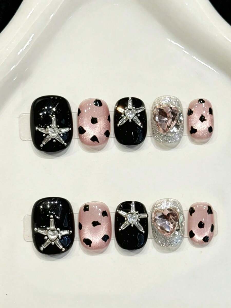 10 pièces Ongles courts ronds faits à la main pour les fêtes et le port quotidien, ongles noirs, œil de chat brillant, imprimé léopard noir et rose, strass pailleté, style doux et cool, ongles ovales, brillants et étincelants, faciles à porter. 10 pièces d'ongles faits à la main Y2K, convient pour les filles et les femmes, festivals, fêtes et port quotidien