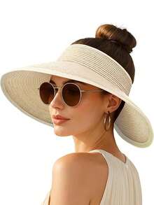 Foldable Straw Hat, Wide Brim Sun Protection Hat With Cute Bow Decor, Versatile Casual Bohemian Elegant Polyester Hat For Outdoor Beach, Spring/Summer - Straw Hat - View 11