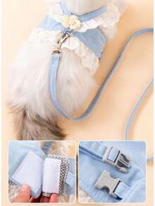 Cute Blue Floral Lace Pet Harness And Leash Set - Princess Dress Style Soft Vest Harness For Small Cats Dogs, Non-Pulling Escape Proof Chest Strap For Small Cats Dogs Daily Walking - Blue - View 5