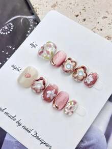 10pcs Short Square & Round False Nails, Nude Pink, Dark Rose, Milky White Base Color, 3D Gradient Floral, Hand-Painted White Flowers, Cat Eye Glitter & Metal Line Decor, Sweet & Gentle Spring Style, 100% Handmade Reusable Acrylic Nails, Comes With 1 Glue Sticker, 1 Nail File & 1 Nail Stick, Suitable For Daily Wear Or Parties - Multicolor - View 3