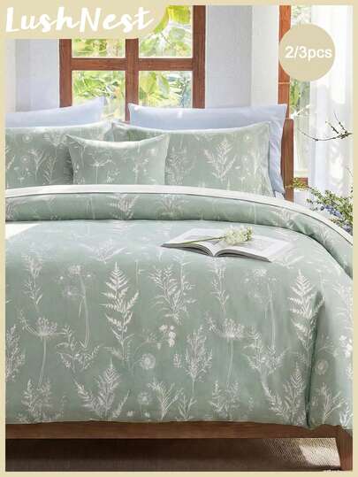 2pcs/3pcs Green Background White Floral Digital Print Duvet Cover Set (1 Duvet Cover + 2 Pillow Shams, Comforter Not Included), Suitable For Room Decor, Daily Use, Made Of Polyester Fiber, Soft And Skin-Friendly, Applicable For Master Bedroom, Guest Room, Secondary Bedroom Etc., All-Season Use, Fashionable Print, Set Combination, Bedroom Upgrade, Home Renewal, Design