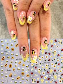 Pegatinas de uñas con diseño de abeja, calcomanías de uñas francesas con degradado amarillo, decoración linda y kawaii para primavera y verano, resistente al agua y de larga duración, fácil de aplicar, opcionales MO-849/MO-848, artículo esencial para manualidades de arte de uñas, perfecto para estudiantes y adolescentes - Multicolor - Ver 1