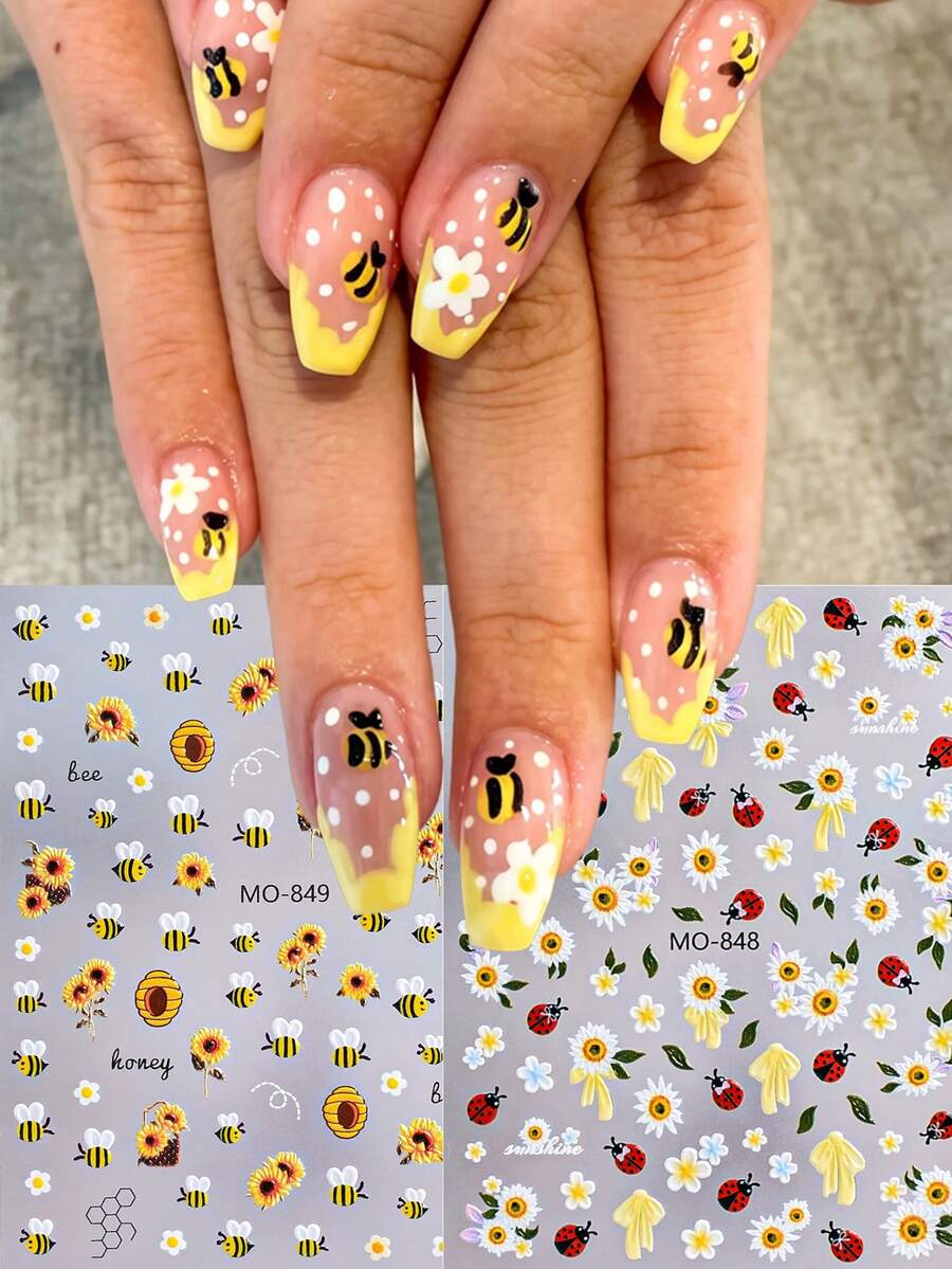 Pegatinas de uñas con diseño de abeja, calcomanías de uñas francesas con degradado amarillo, decoración linda y kawaii para primavera y verano, resistente al agua y de larga duración, fácil de aplicar, opcionales MO-849/MO-848, artículo esencial para manualidades de arte de uñas, perfecto para estudiantes y adolescentes - Multicolor - Ver 1