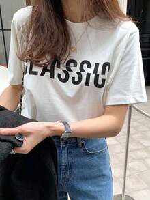Camiseta holgada de mujer con y estampado de letras, color blanco, para primavera/verano-Vintage Street Style Unisex Loose Cotton Short Sleeve Crew Neck T-Shirt Ropa deportiva estilo Y2K, cuello redondo, 100% algodón, tejido suave, manga corta.1 camiseta - Blanco - Ver 3