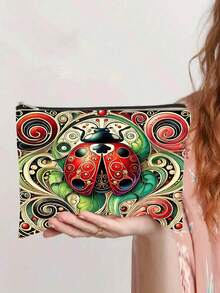 异想天开的民间艺术昆虫印花化妆包，瓢虫和螳螂主题便携式拉链袋 - 彩色 - 查看 4