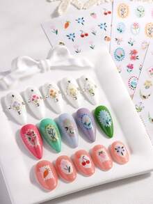 5D春夏花卉、蓝莓、草莓、樱桃和水果图案蕾丝边框浮雕美甲贴纸；Y2K可爱迷人复古美甲贴花；自粘美甲贴纸；DIY美甲沙龙配件及用品（3/2张） - 彩色 - 查看 3