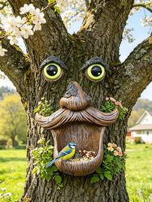 1 pieza Alimentador de pájaros con forma de árbol y maceta, decoración exterior de árbol interesante con ojos grandes y bigote, adecuado para colgar en el patio, jardín, terraza o patio trasero como alimentador de pájaros, decoración de resina impermeable, arte de patio único, excelente para observación de aves y amantes de la naturaleza, adecuado para decoración exterior de primavera/verano, puede atraer gorriones y otros pájaros pequeños - A - Ver 4
