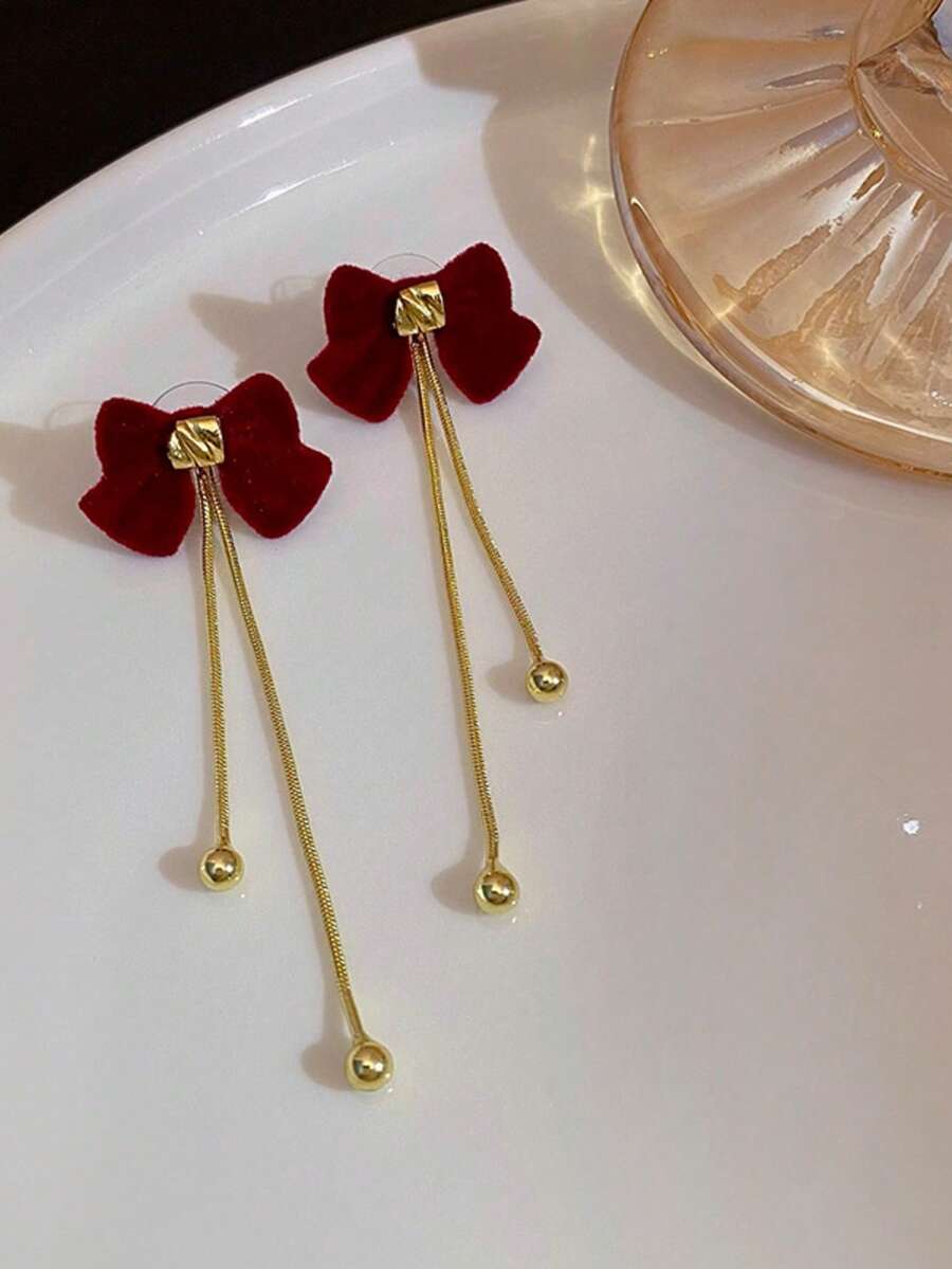 一对时尚蝴蝶结流苏长耳环，高端轻奢优雅女士耳环，适合女性日常佩戴。 - 紅色 - 查看 1