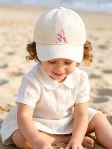 1 pieza Gorra de béisbol ajustable con flor y letra para niñas de 3-16 años, sombrero de sol con visera ajustable para deportes al aire libre, uso casual diario - Beis - Ver 5