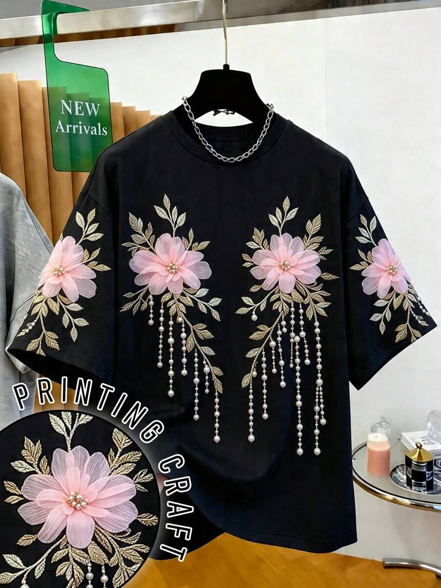 DVSLOE 女款 Y2K 3D 花卉珍珠流蘇刺繡短袖 T 恤，圓領寬鬆休閒 T 恤，適合日常街頭與度假穿著 - 黑色 - 查看 1