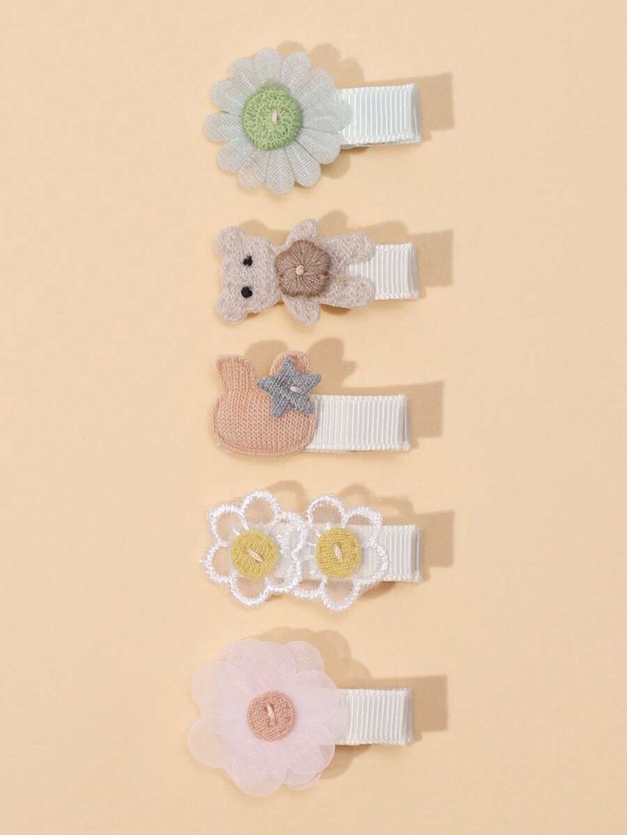 5个可爱卡通小熊婴儿发夹，甜美网纱花朵婴儿发夹，时尚婴儿发饰 - 彩色 - 查看 1