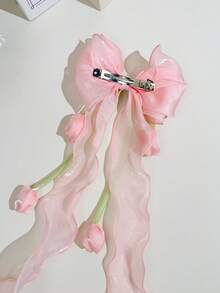 1件女款甜美仙氣大蝴蝶結髮夾，優雅百搭芭蕾風鈴蘭網紗蝴蝶結鱷魚夾髮飾 - 彩色 - 查看 4