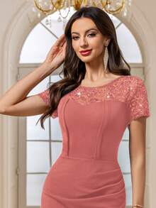 MIUSOL Vintage Sequin Floral Lace Wrap Hem Cocktail Party Bodycon Dress,Summer Dress,Office Wear For Women Elegant - Dusty Pink - View 10