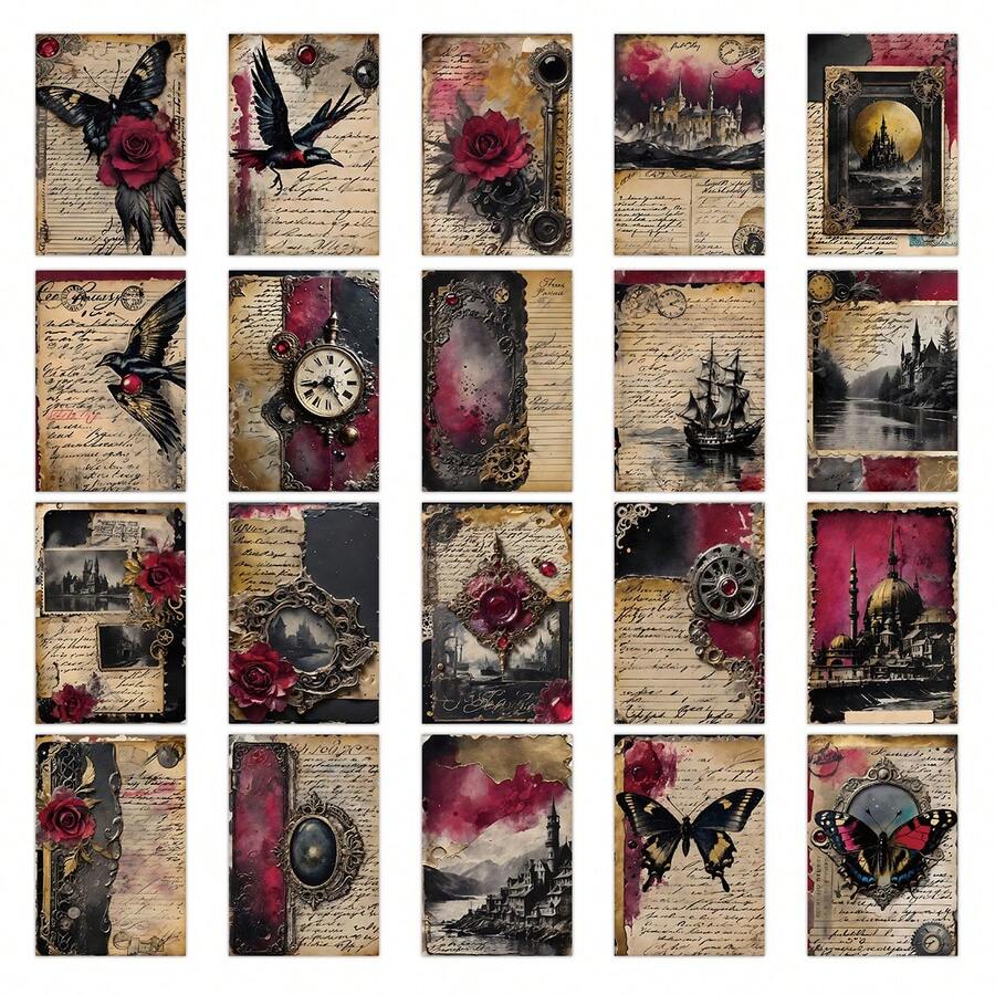 20pcs Vintage Gothic Theme Postcards - Dark Vintage Junk Journal Paper, Bedroom Aesthetic Wall Collage Kit, Home Dorm Decor Mini Posters, Perfect For Scrapbooking And DIY Crafts - A - View 1