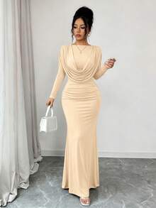 abyoxi Vestido maxi elegante de mujer de color albaricoque, suave y brillante - Presenta cuello drapeado, diseño con capucha y bajo de cola de pez, ideal para dama de honor, boda, té de la tarde, celebración de Año Nuevo y talla grande en primavera - Albaricoque - Ver 5