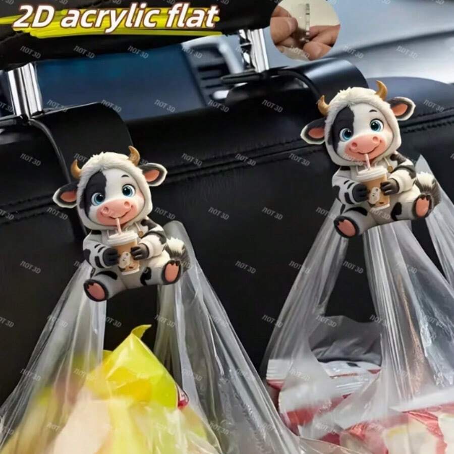 1/2/3pcs Adorable Milk Tea Cow Design Car Seat Back Hanger With Integrated Backrest Hidden Storage Hook, Multifunctional Car Organizer Accessories For Vehicle Interior Organization And Daily Commute Storage Solutions - Multicolor - View 1