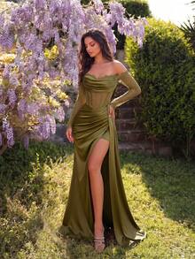ADYCE Đầm dạ hội maxi dài tay lệch vai thanh lịch, phối ren, xẻ tà, thắt eo bằng ruy băng, thích hợp cho dạ hội, tiệc sinh nhật, hẹn hò, họp mặt gia đình, dự đám cưới, tiệc tối trang trọng mùa xuân. - xanh quân đội - Xem 3