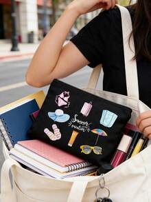 Borsa cosmetica da viaggio estiva in acquerello, pochette in tela con zip e stampe da spiaggia, organizer per il trucco da viaggio carino con bikini e occhiali alla moda - Multicolore - Visualizzare 4