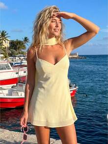 Women Mini Dress Floral Print/Solid Color Sleeveless Cami Dress Summer Backless Dress With Choker Scarf - Yellow - View 1