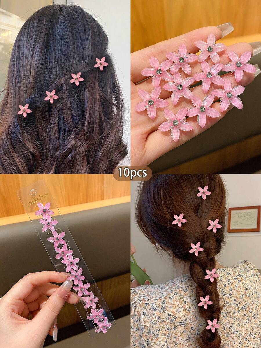 10 pezzi di fermagli per capelli a fiore rosa, accessori per capelli alla moda e carini - Rosa - Visualizzare 1