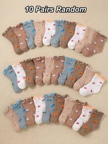 5/10 paires de chaussettes à volants de couleur aléatoire pour bébés filles, chaussettes imprimées de fleurs, cerises et kiwis, chaussettes essentielles d'été, cadeaux de fête pour bébés et enfants - Multicolore - Voir 9