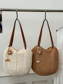 Sac en crochet ajouré ivoire/kaki, sangle en PU + décoration de perles en bois floral, sac à bandoulière décontracté pour les vacances à la plage & les trajets, sac sous le bras en maille fait main, sac fourre-tout de style bohème, sac de shopping d'été pour la plage - Multicolore - Voir 2