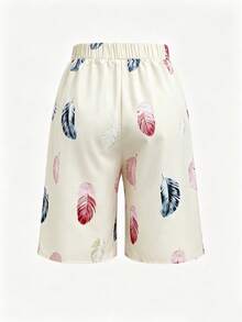 Women's Summer Floral Print Faux Drawstring Waist Mid-Length Bermuda Shorts Resort Wear Vacation White - White - View 2