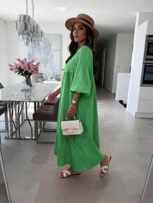 Women's Loose Solid Color Patchwork Party Ruffle Hem Dress, Elegant Casual For Spring & Summer - Green - View 2