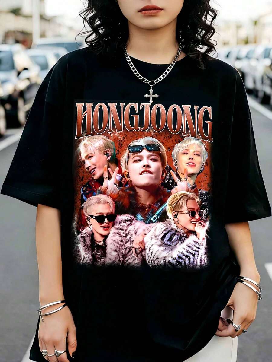 Camiseta informal holgada con estampado retro de Hongjoong de ATEEZS - Negro - Ver 1